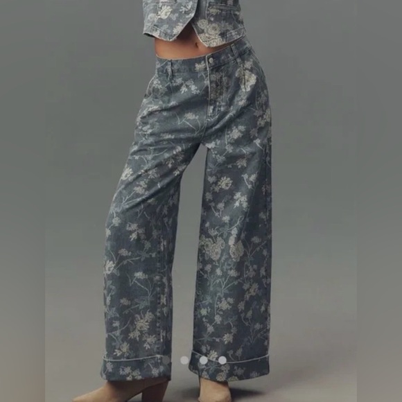 Anthropologie Pilcro Leon Double Hem Wide Leg Floral Denim Jeans Womens 28 New - Picture 4 of 7